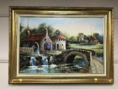 Dallas K. Taylor : A water wheel by a bridge, oil on board, signed, framed.