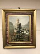 A Victorian over painted print depicting a child on a bench