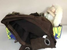 Two boxes of perfume, dressing gowns, lady's handbags, curtains,