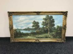 A large gilt framed oil on canvas - pond in wooded landscape signed Mary Walsh