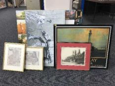 A framed print - Whitley Bay Its Quicker By Rail, two framed maps,