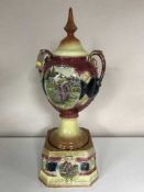 A Victorian transfer printed lidded vase on stand