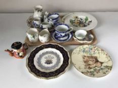 A tray of two pieces of Masons ware, delft china, Ringtons cups and saucers,