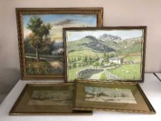 A pair of early 20th century gilt framed watercolours - figures in winter landscape and one other,