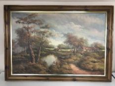 Clara Inness : Cottages by a river , oil on canvas, signed.