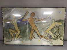 A contemporary framed pencil drawing, a framed watercolour - Hong Kong Harbour,