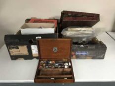 Two boxes of assorted art supplies including paints,