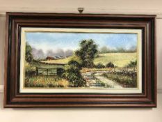 Dallas K. Taylor : Sheep in a farm landscape, oil on board, signed, framed.