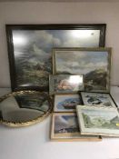 A box of assorted pictures and prints - Alhim print, gilt porthole mirror,
