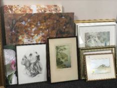 Large quantity of prints, canvases, Beveridge watercolour of Bamburgh Castle,