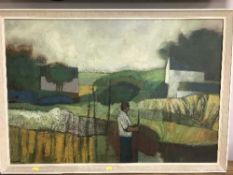 20th century school : A farmer in a field, oil on board, indistinctly signed, framed.