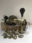A box of assorted metal ware and china - Highland bulls, candlestick telephones,