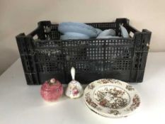 A box of part Meakin dinner service, part Ducal dinner service, preserve pots,