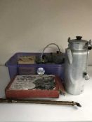 A box of rose sprayer, jam pan, vintage Kenwood mixer,