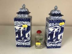 A pair of lidded blue and white Corona ware vases and a hand painted oriental scent bottle