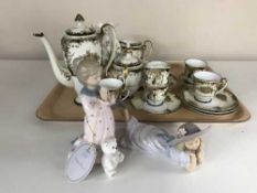 A tray of fifteen piece hand painted tea service, two Leonardo china figures,