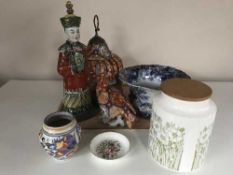A tray of Chinese pottery bird cage light, a Chinse figure of a pigeon and Emperor,