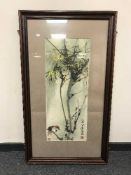 Chinese school : A bird on a branch, watercolour, signed. 31 cm x 78 cm, framed.