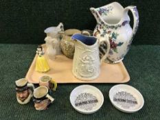 A tray of Copeland Spode large decorative jug, an antique pottery 'Prepare to meet thy God' jug,