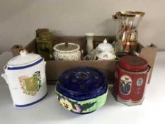 Two boxes of Ringtons tins, Ringtons china, brass ware, English tea set,
