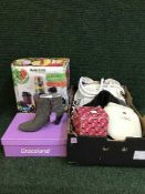 A box of assorted hand bags, Salter mixer,