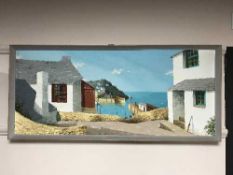 Colin Richardson : coastal harbour, oil on board, 98 cm x 42 cm, framed, signed.
