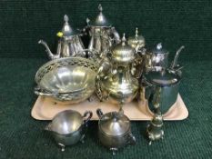 A tray of plated four piece tea service and other plated wares