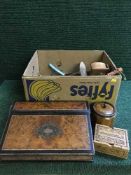 A box of Victorian birds eye maple writing slope, quantity of treen,