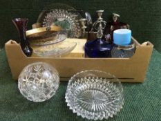 Two boxes of assorted pressed glass, plated candelabrum, vintage camera, assorted china,