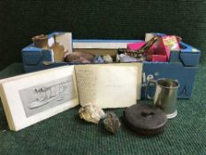 A box of brass blow torch, vintage tape measure, stone ware bottles,