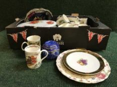 Two boxes of Ringtons caddy, commemorative china, champagne flutes,