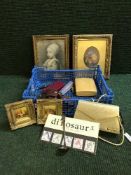 A box of assorted gilt framed pictures, costume jewellery,