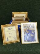 A box of gilt framed prints