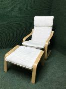 A contemporary beech armchair and footstool