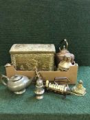 An embossed brass log bin, copper kettle, plated sifter,