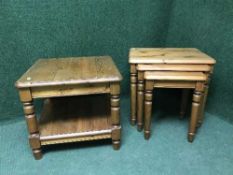 A nest of three pine tables and a pine lamp table
