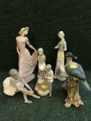 A tray of five Nao and other porcelain figures and an Italian figure of a bird