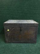 An oak strong box and a vintage painted tin trunk