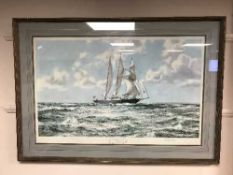 After Montague Dawson : In full sail, reproduction in colours, 94 cm x 60 cm, signed in pencil,