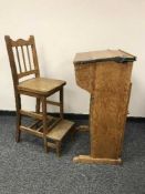 An Edwardian light oak school desk with high stool