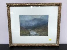 John Falconer Slater : A misty landscape with flowing stream, watercolour, 27 cm x 20 cm, framed.
