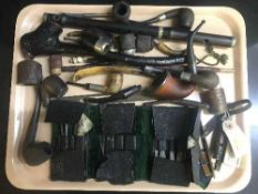 A tray of smoker's pipes, folding leather satchel of medal ribbons,