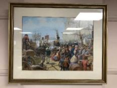A gilt framed oil painting depicting a late 19th century American bustling harbour scene, 48.