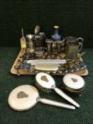 A tray of dressing table set, plated candlesticks, pewter flaggons, Japanese cloisonne vase,