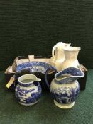 A box of blue and white toilet jug and basin,