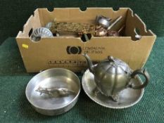A box of pewter teapot, hammered pewter bowl, copper pots,