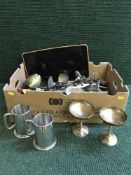 A box of pewter tankards, plated drinking vessels,