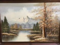 An oil on canvas - mountains and a print