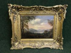 19th century school : Figures in farmland, oil on panel, 38 cm x 27 cm, framed.