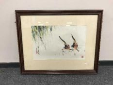 Chinese school : A study of two birds, watercolour, 66 cm x 42 cm, framed, signed.